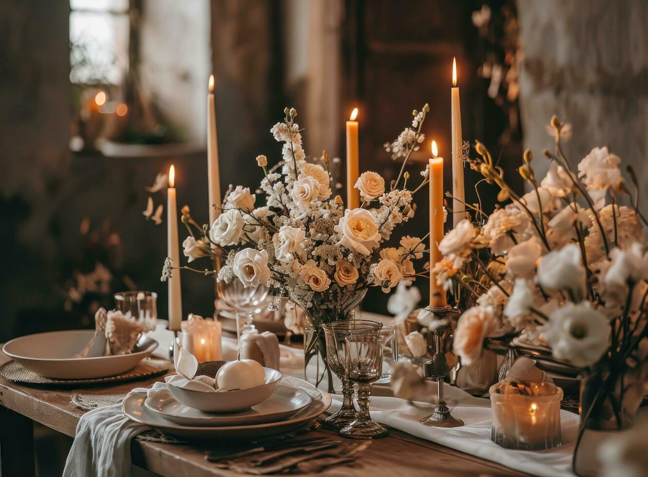 AI generated an elegant table set with white flowers and candles sitting next to the glass photo