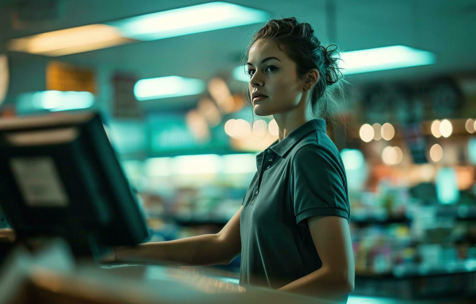 AI generated a woman in a polo shirt standing at a register in a store photo