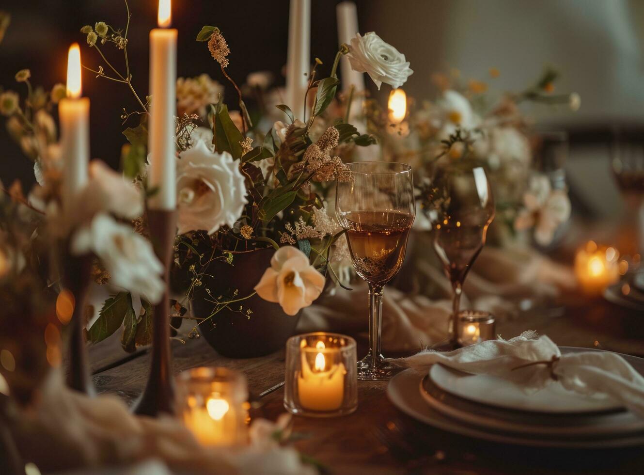 AI generated an elegant table set with white flowers and candles sitting next to the glass photo