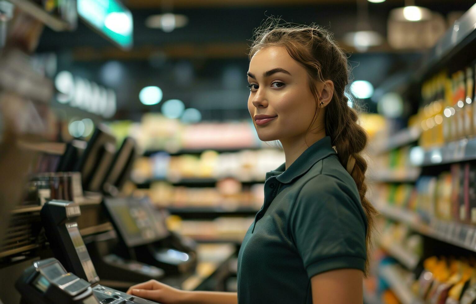 ai generado un mujer en un polo camisa en pie a un Registrarse en un Tienda foto