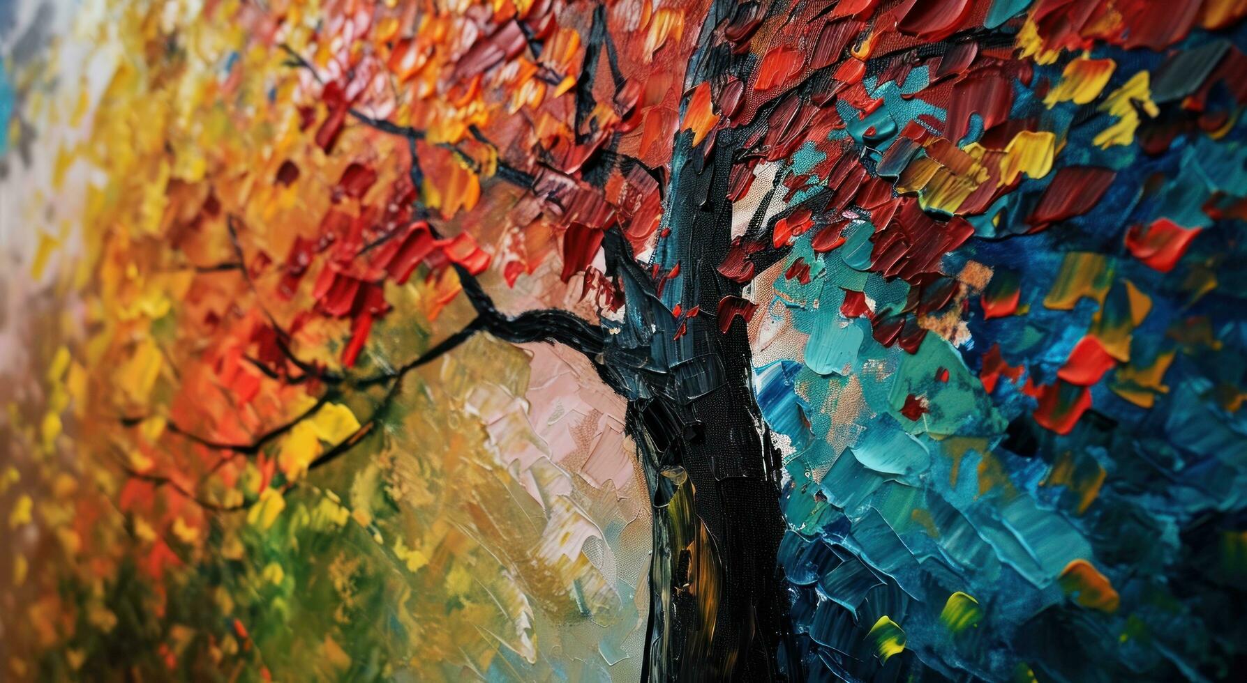 AI generated an abstract painting of a colorful tree and leaves photo