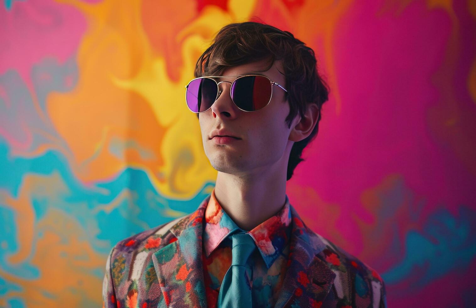 AI generated a young guy with sunglasses in a suit is in front of a colorful theme photo