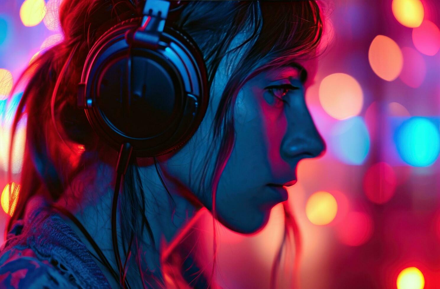 AI generated a woman in headphones is in front of colorful lights photo