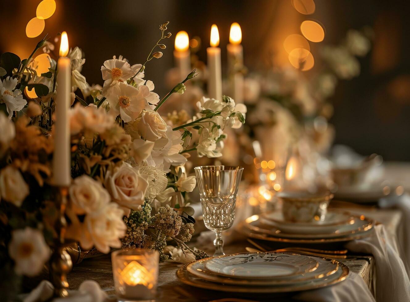 AI generated an elegant table set with white flowers and candles sitting next to the glass photo