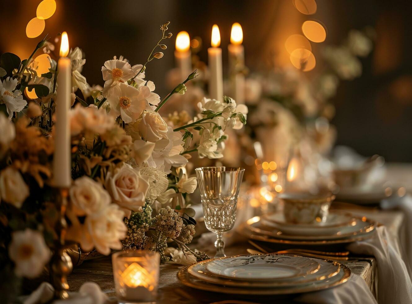 ai generado un elegante mesa conjunto con blanco flores y velas sentado siguiente a el vaso foto