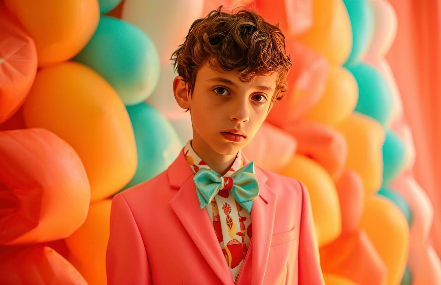 AI generated a young boy in a bright pink suit and bow tie poses for a photo
