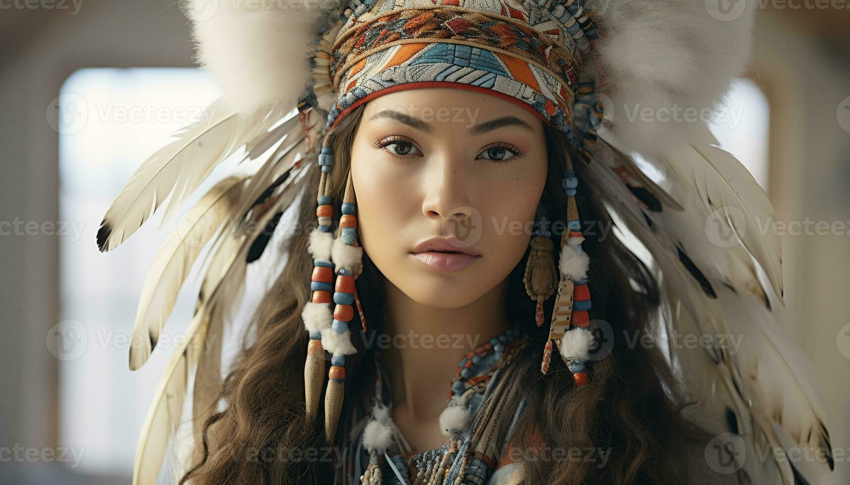 AI generated One young woman, beauty in indigenous culture, looking at camera generated by AI photo