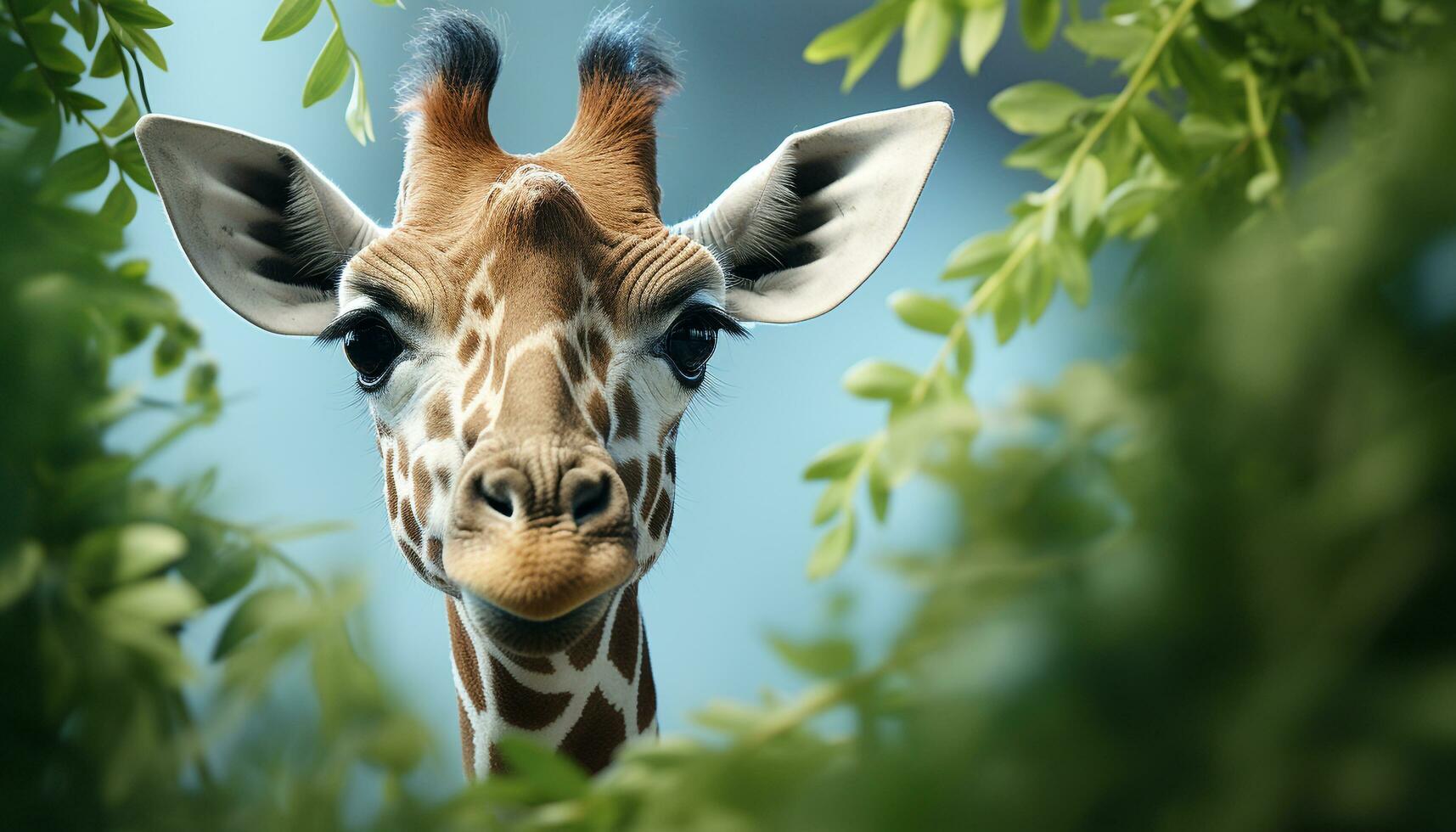 AI generated Giraffe in the wild, looking cute, surrounded by green grass generated by AI photo