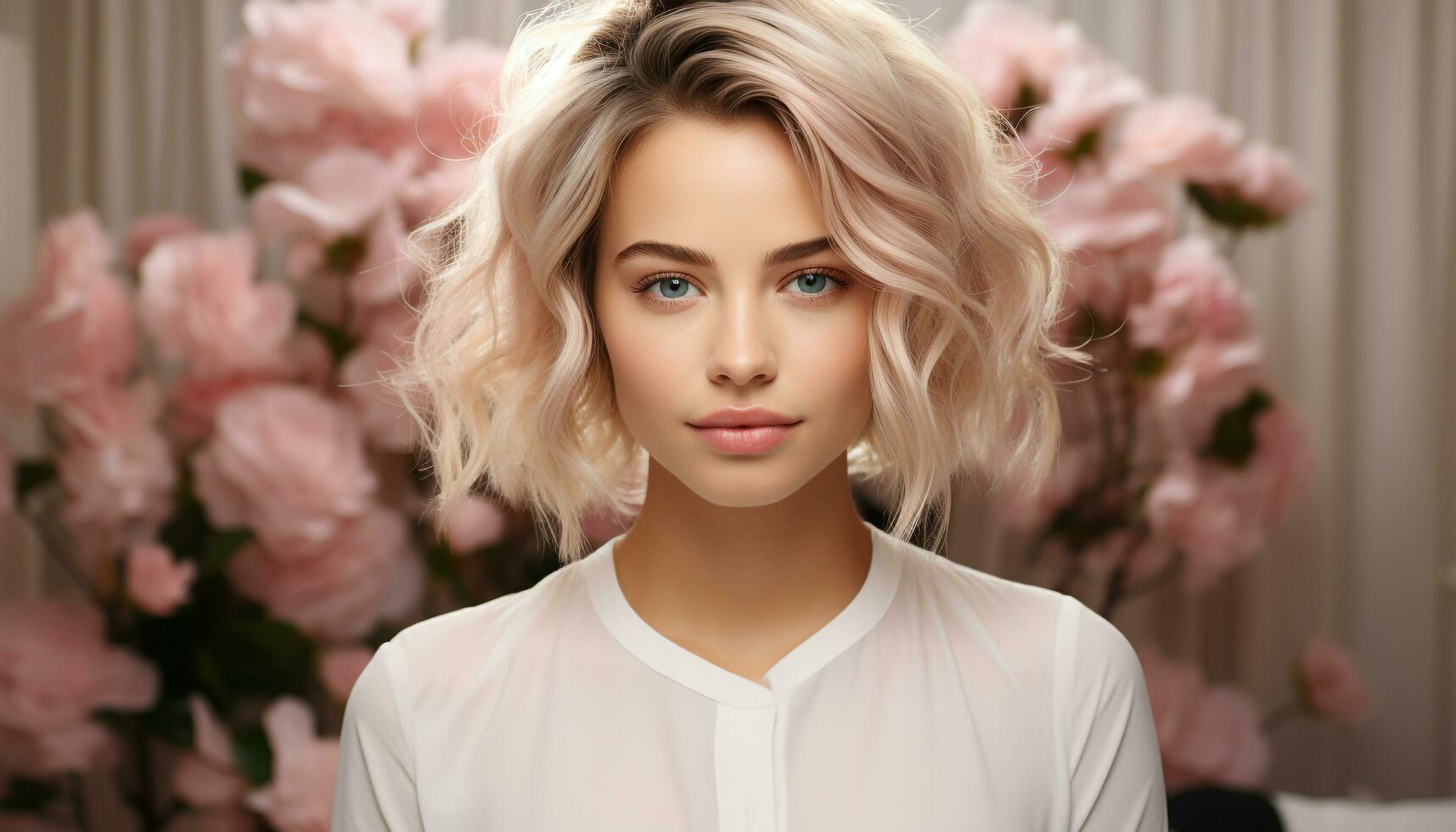 AI generated A beautiful blond woman with curly hair, looking at the camera, radiating elegance and beauty generated by AI photo