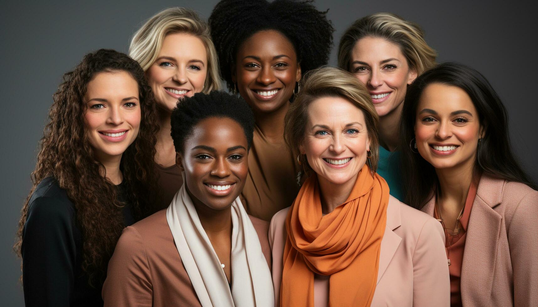 ai generado un alegre grupo de joven mujer sonriente, mirando a cámara generado por ai foto