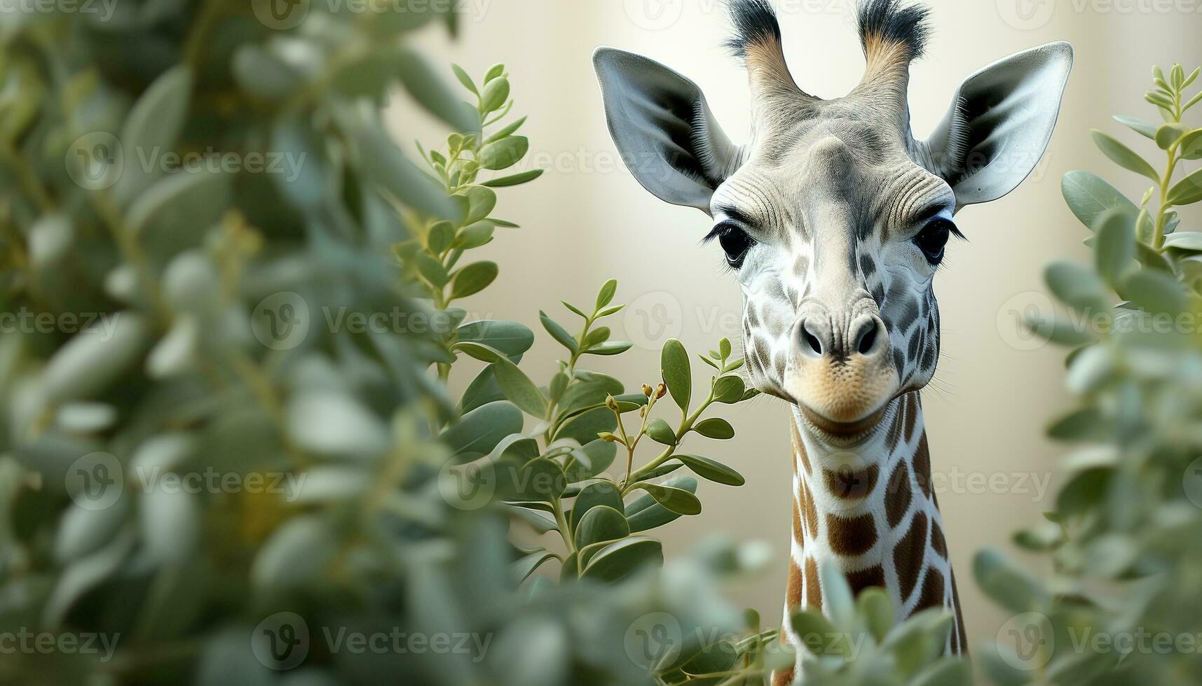 AI generated Giraffe looking cute, standing in green grass, elegant and majestic generated by AI photo