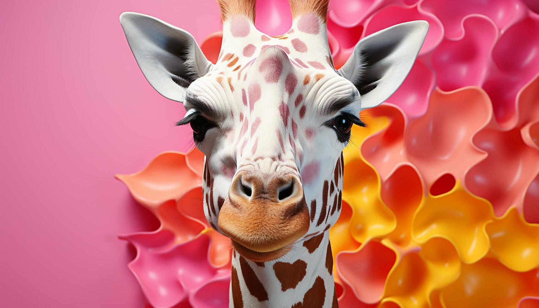 AI generated Cute giraffe looking at camera, surrounded by colorful nature generated by AI photo