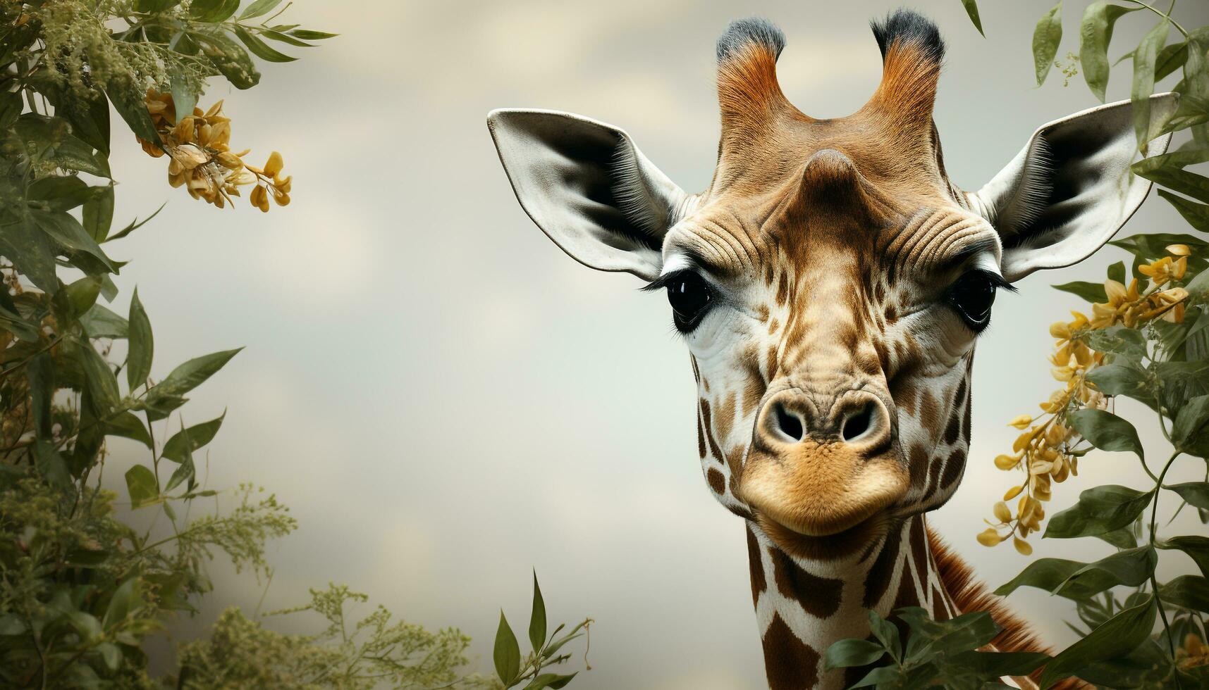 AI generated Giraffe standing in the grass, looking at camera with beauty generated by AI photo
