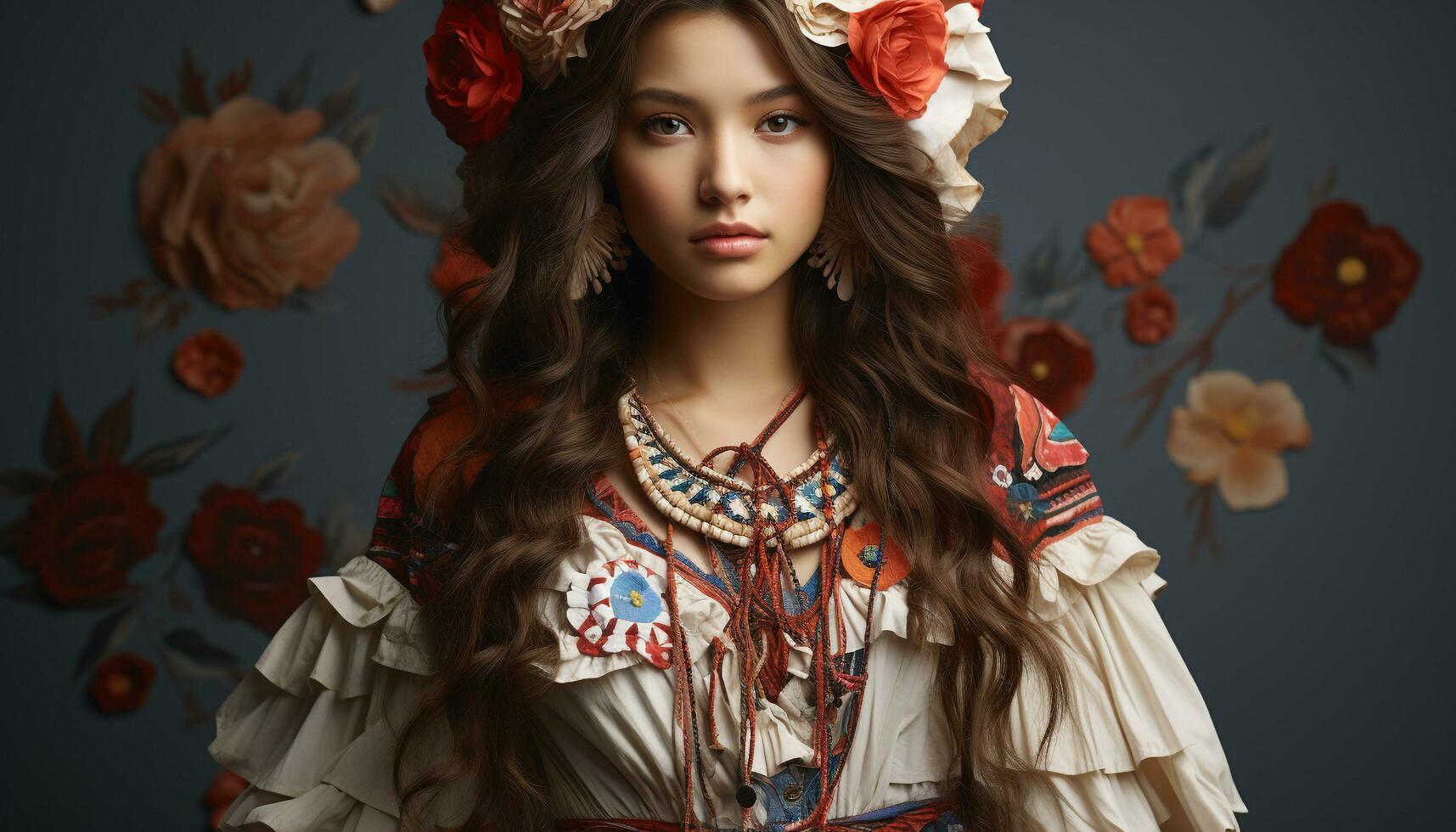 ai generado hermosa mujer en tradicional ropa, sonriente, mirando a cámara generado por ai foto