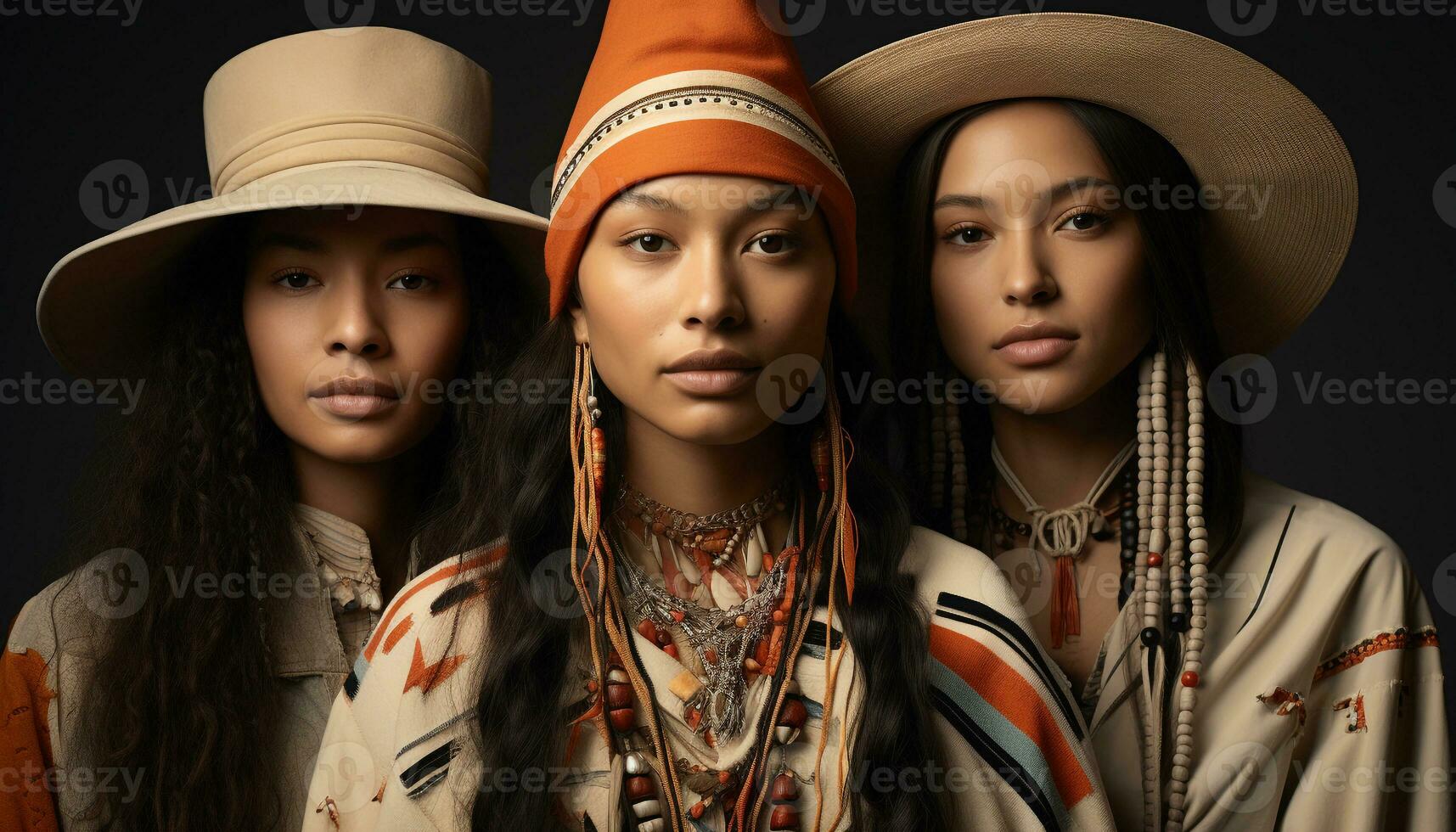 AI generated Young women in fashion, looking at camera, exuding elegance generated by AI photo