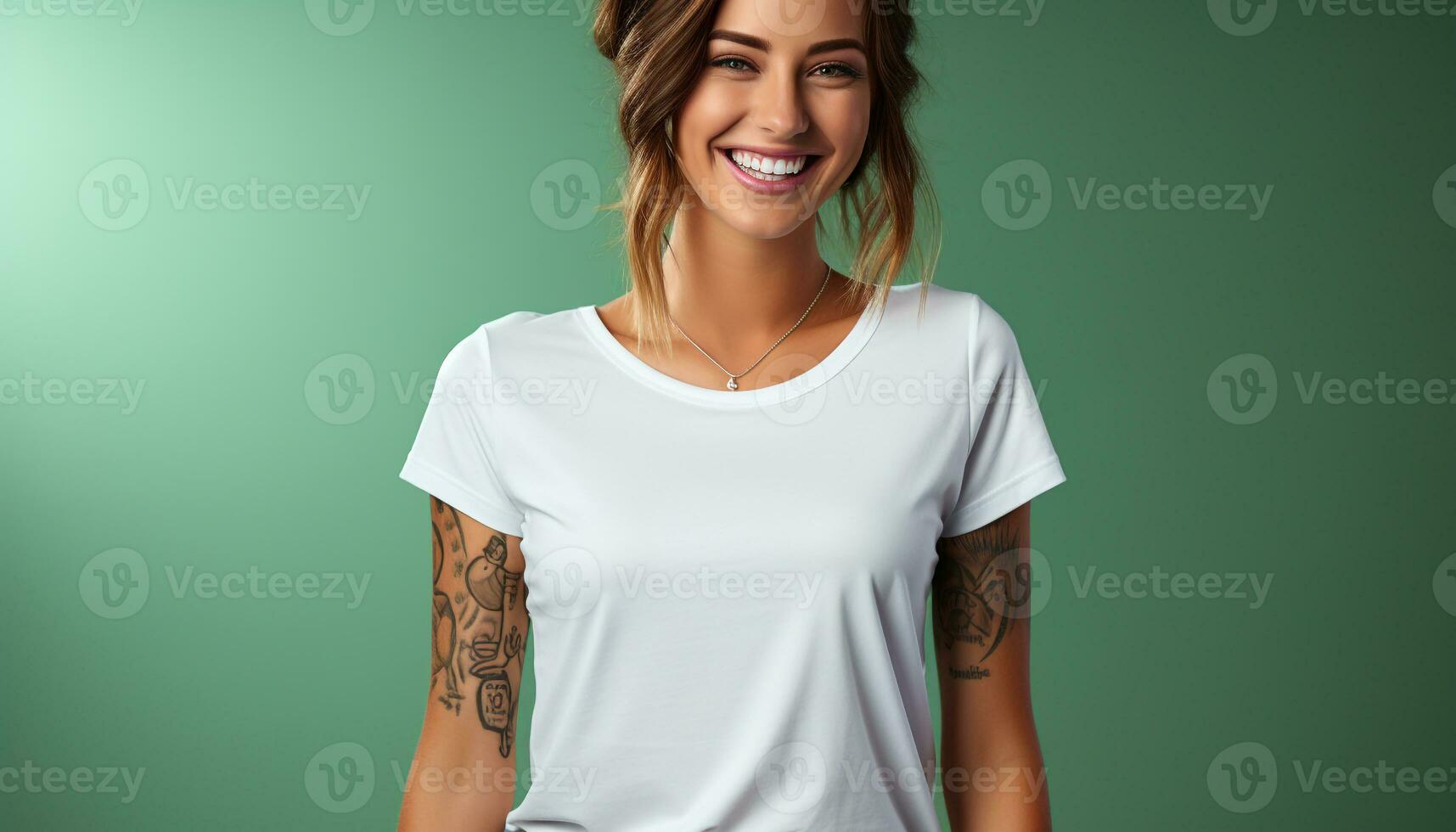 AI generated Young woman with a tattoo, smiling, looking at camera confidently generated by AI photo