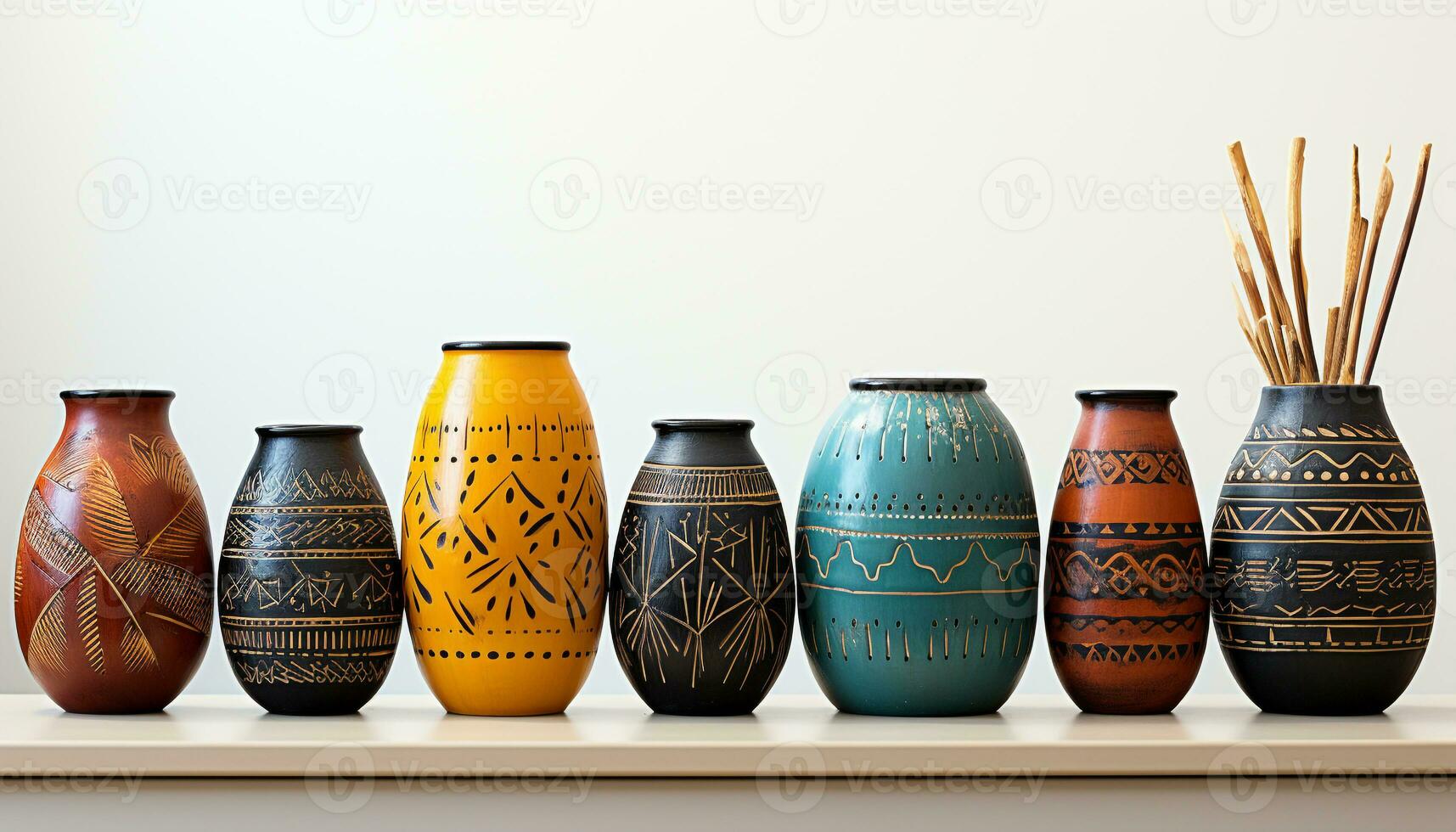 AI generated Ancient pottery collection vase, jar, jug, amphora, bowl, bottle generated by AI photo