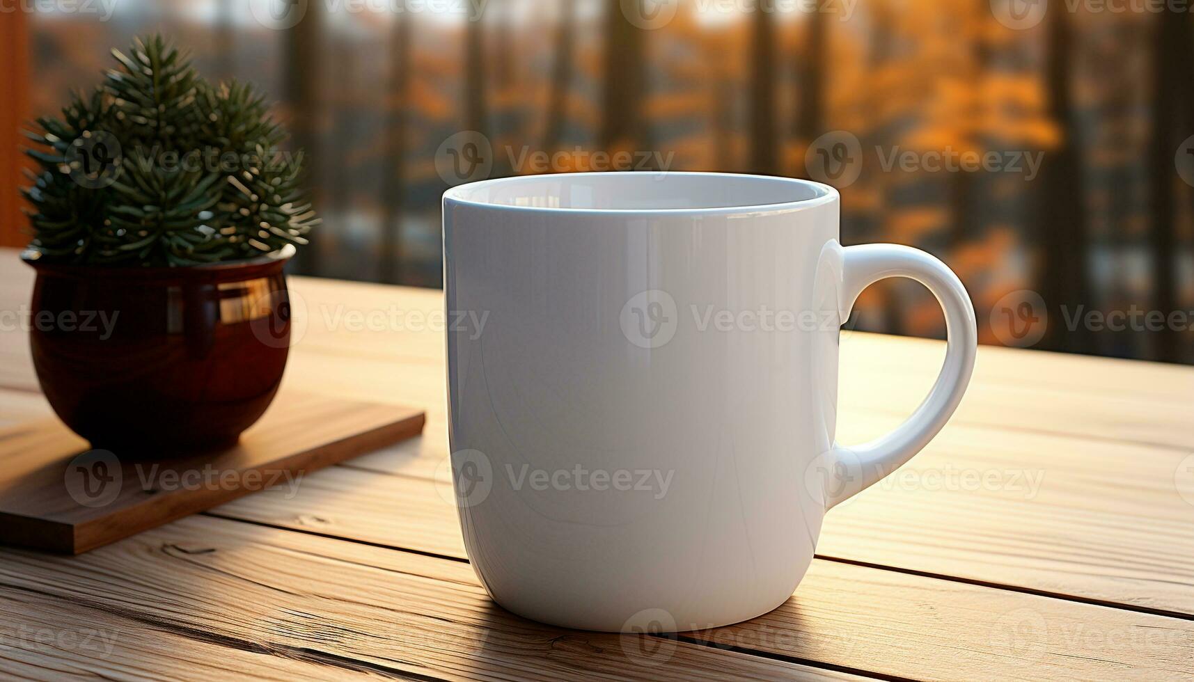 AI generated Coffee cup on wooden table with plant in background generated by AI photo