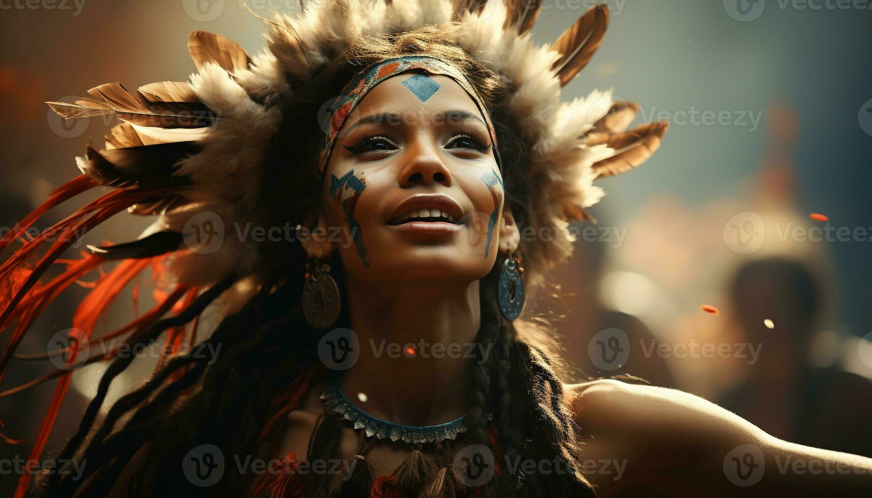 AI generated Young woman with feather headdress exudes confidence and elegance generated by AI photo