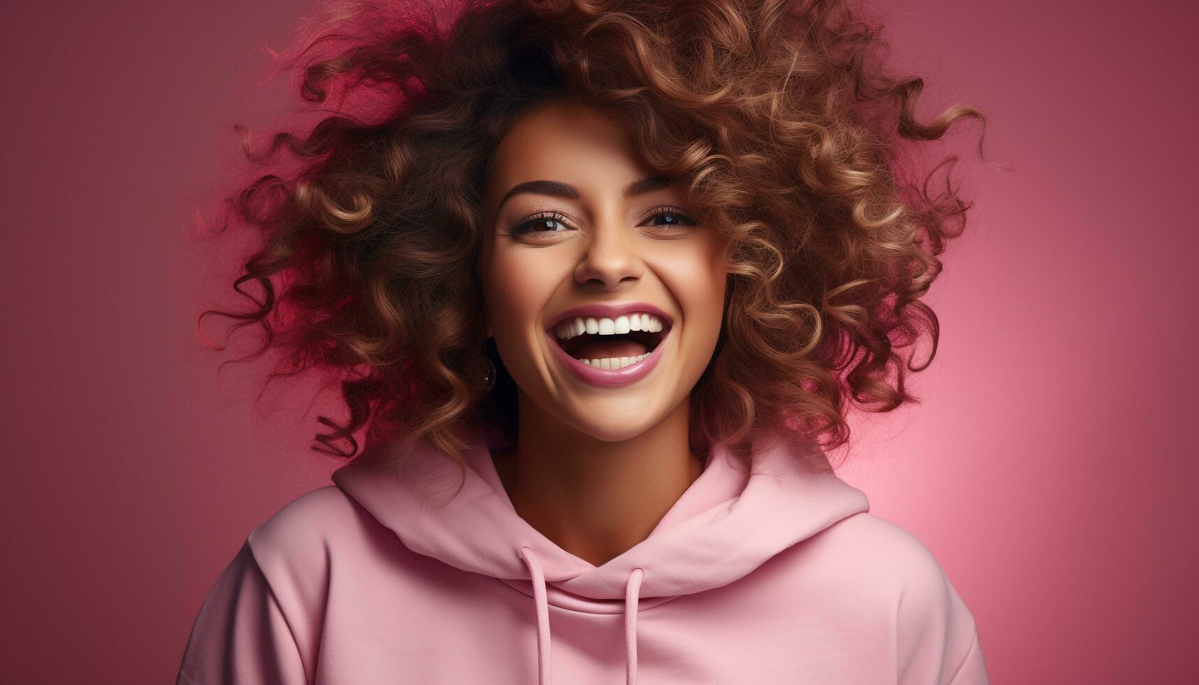 AI generated One beautiful woman with curly hair smiling, looking at camera generated by AI photo
