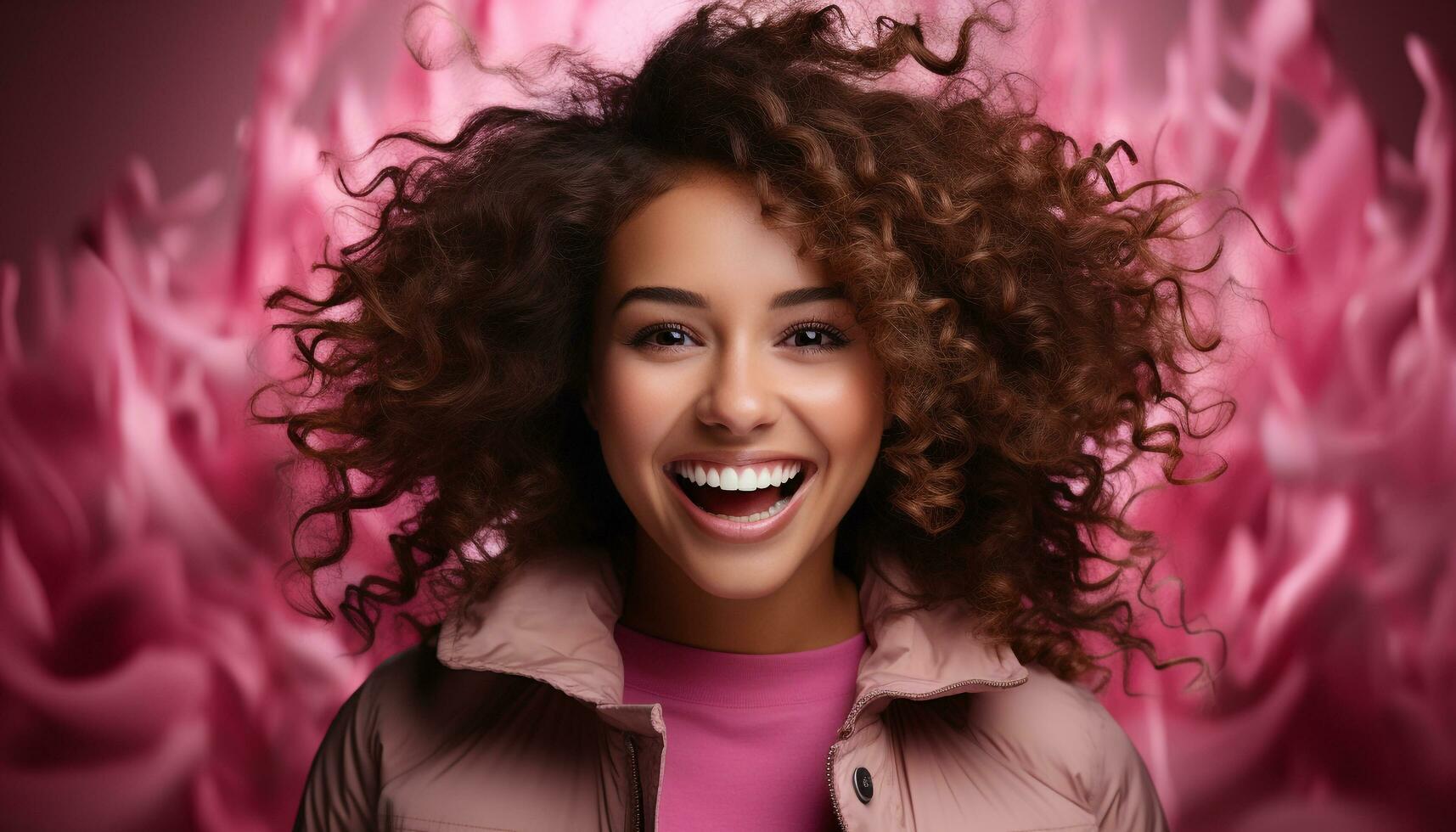AI generated Smiling woman with curly hair, looking at camera, radiates happiness generated by AI photo