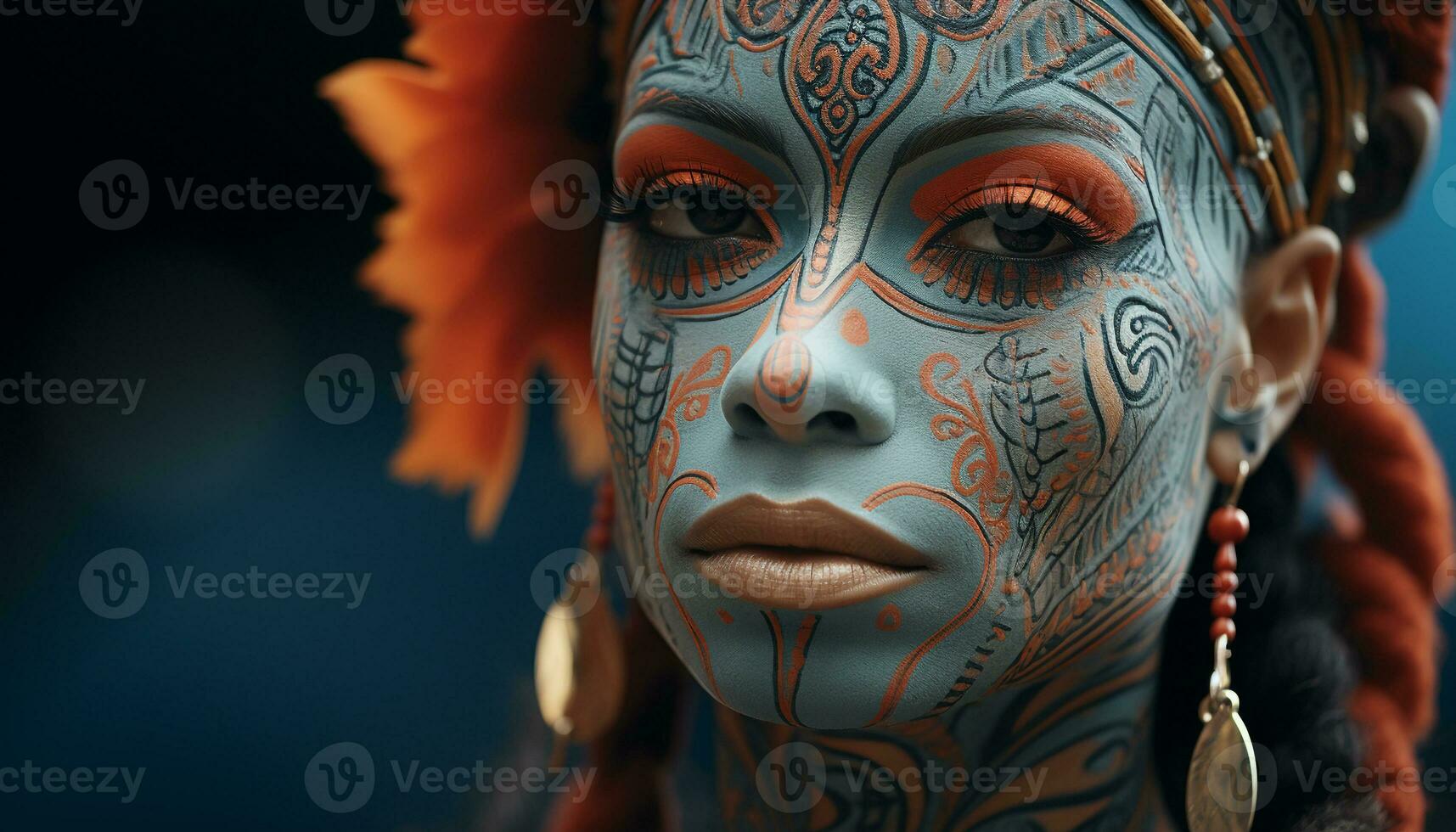 AI generated Beautiful indigenous woman with colorful feather decoration, looking at camera generated by AI photo