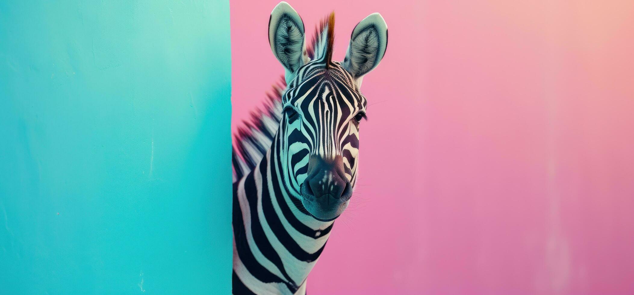 AI generated a zebra peeking out of a blue and pink wall photo