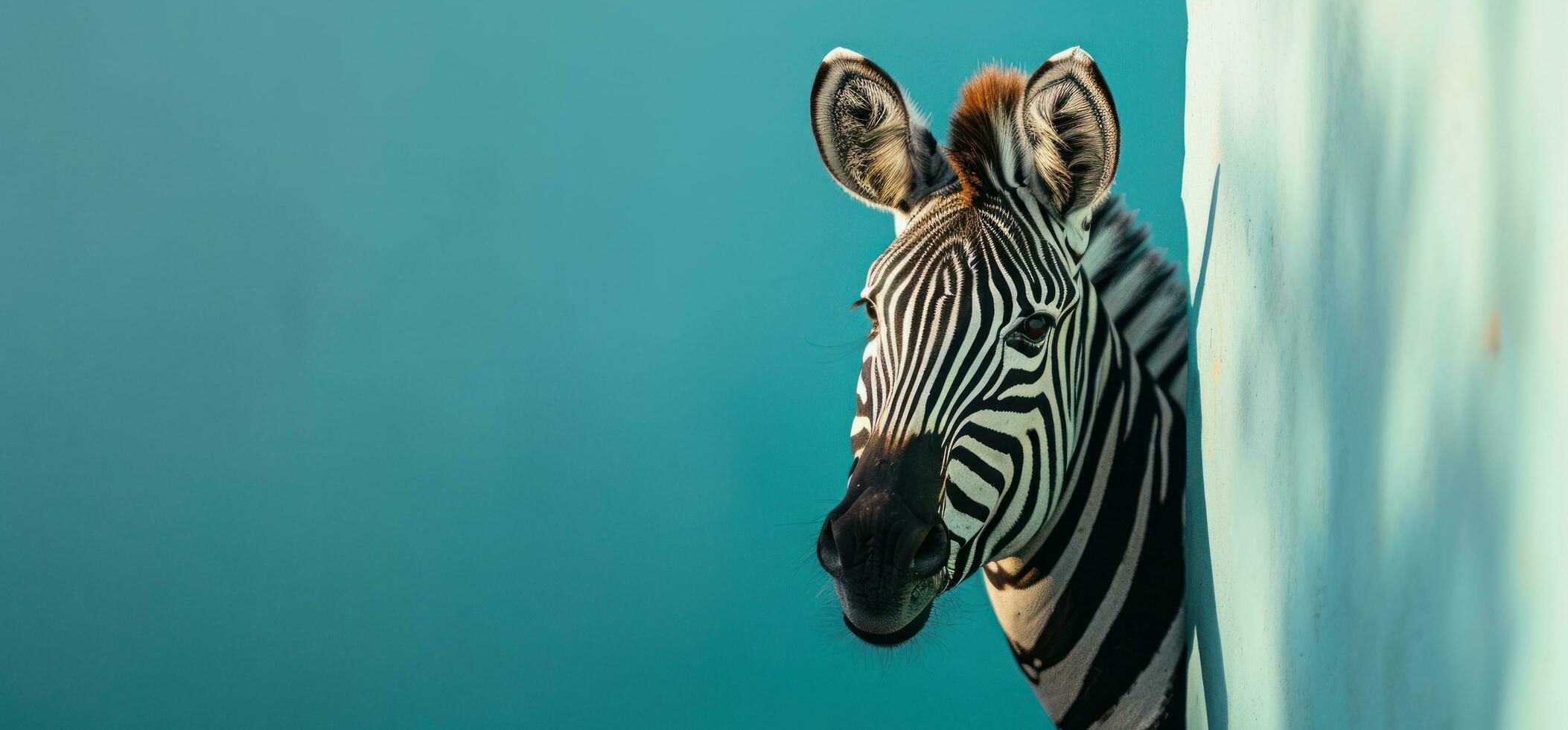 AI generated a zebra peeking out of a blue and pink wall photo