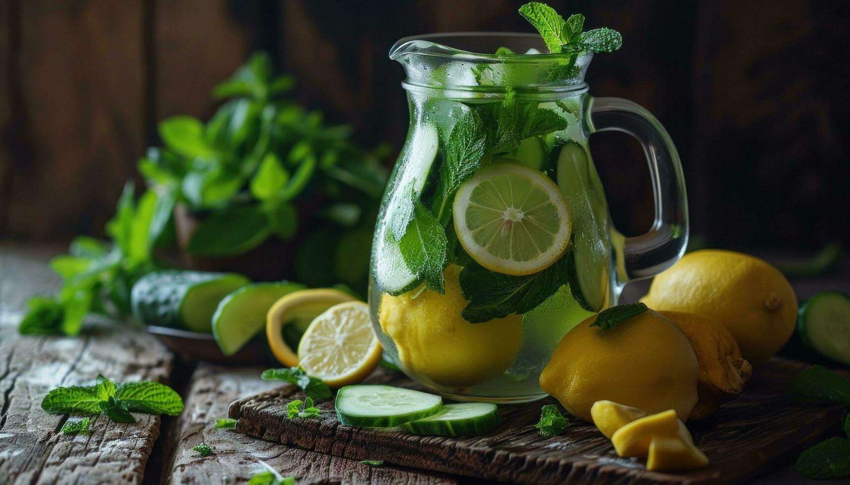 AI generated a pitcher of water with lemons, mint and cucumber photo