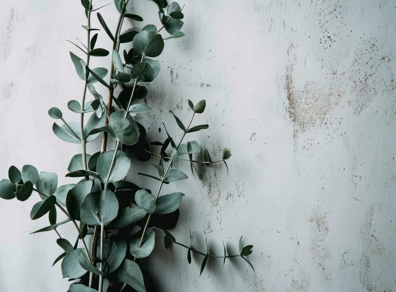 AI generated a single eucalyptus plant stacked against a white wall photo