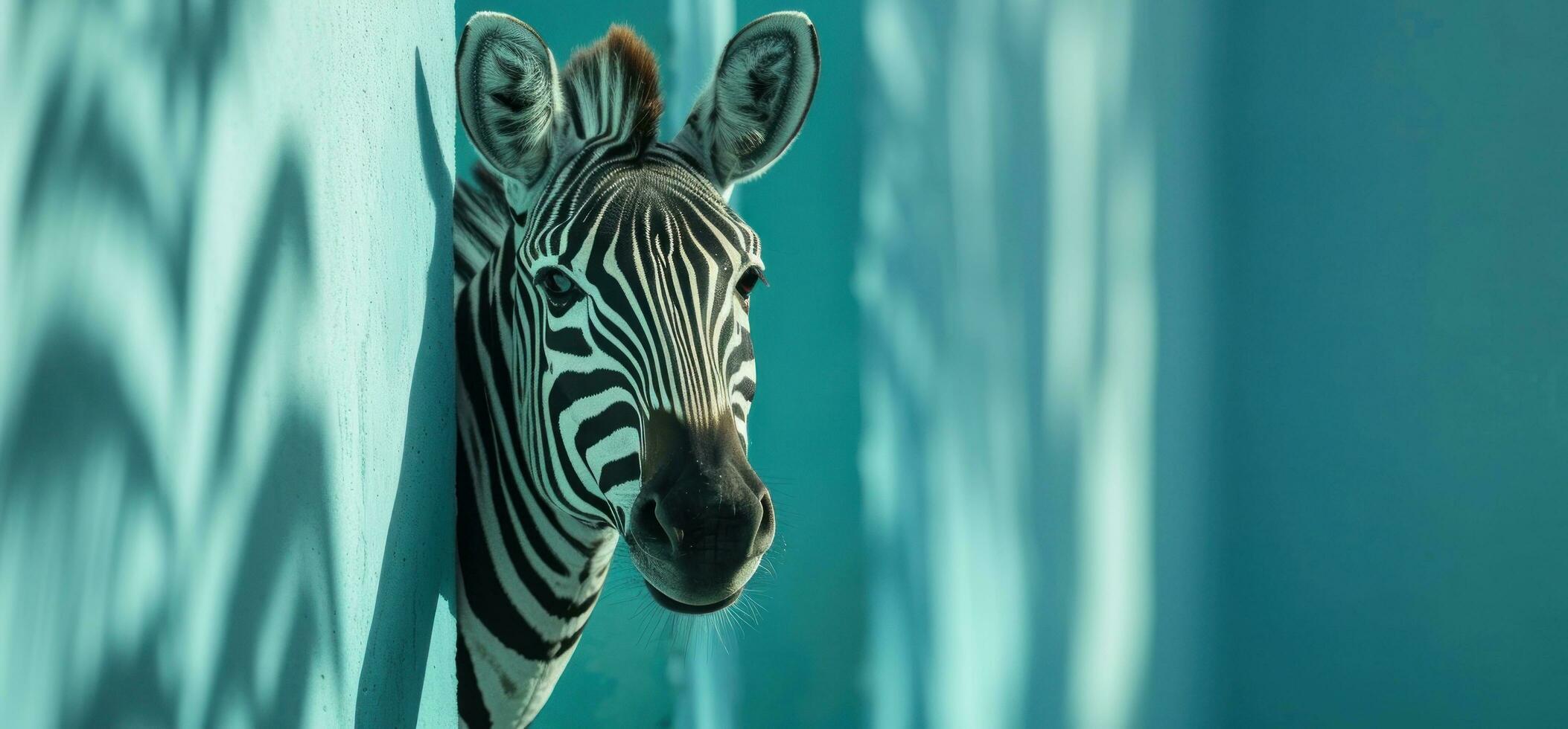 AI generated a zebra peeking out of a blue and pink wall photo