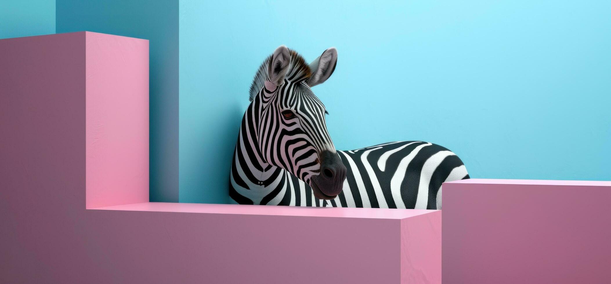 AI generated a zebra peeking out of a blue and pink wall photo
