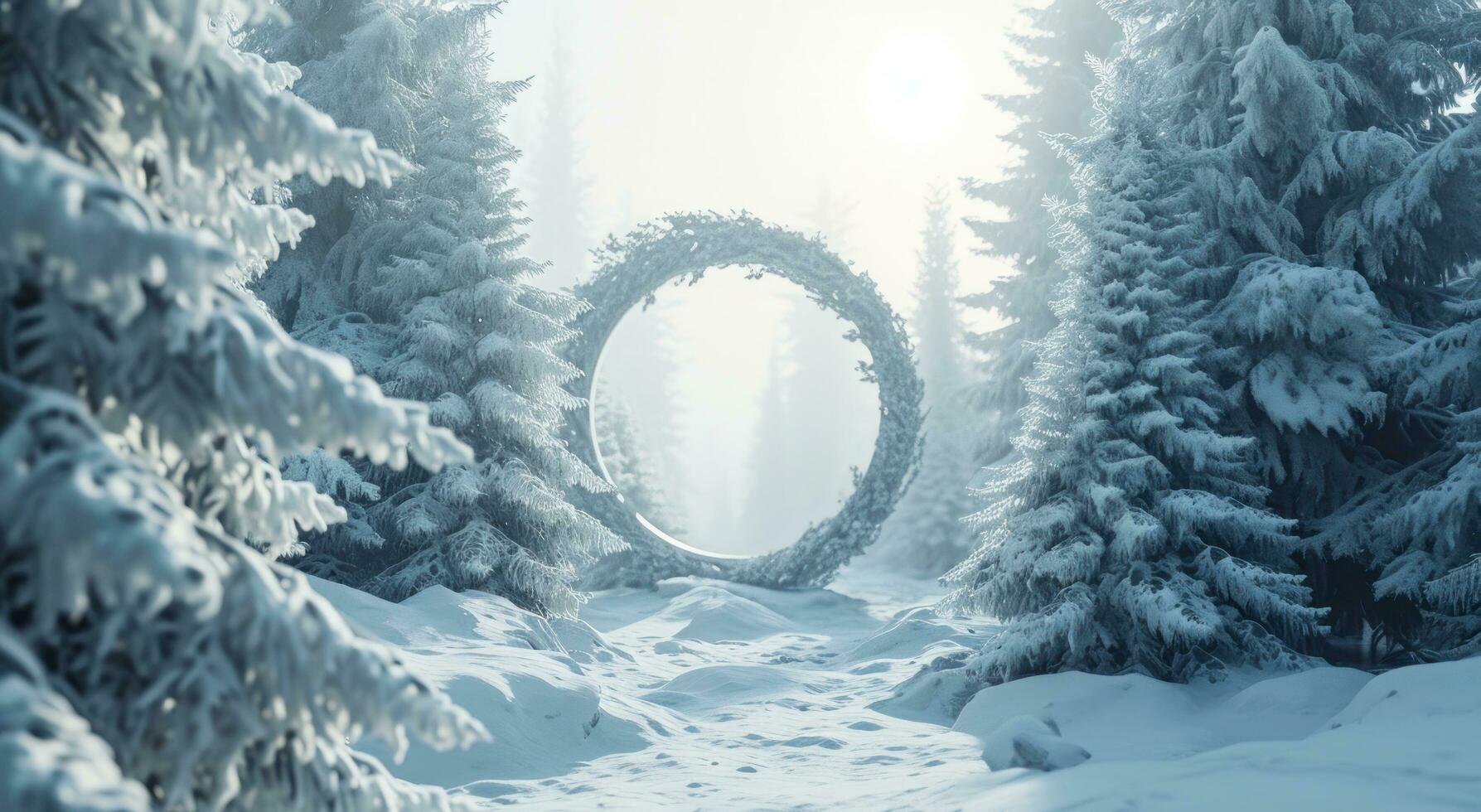 AI generated a white frame surrounded with snow covered trees photo