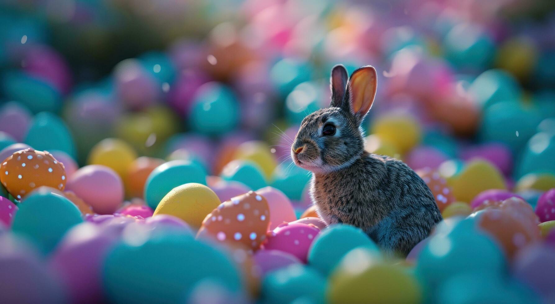 AI generated a small bunny surrounded by colorful eggs photo