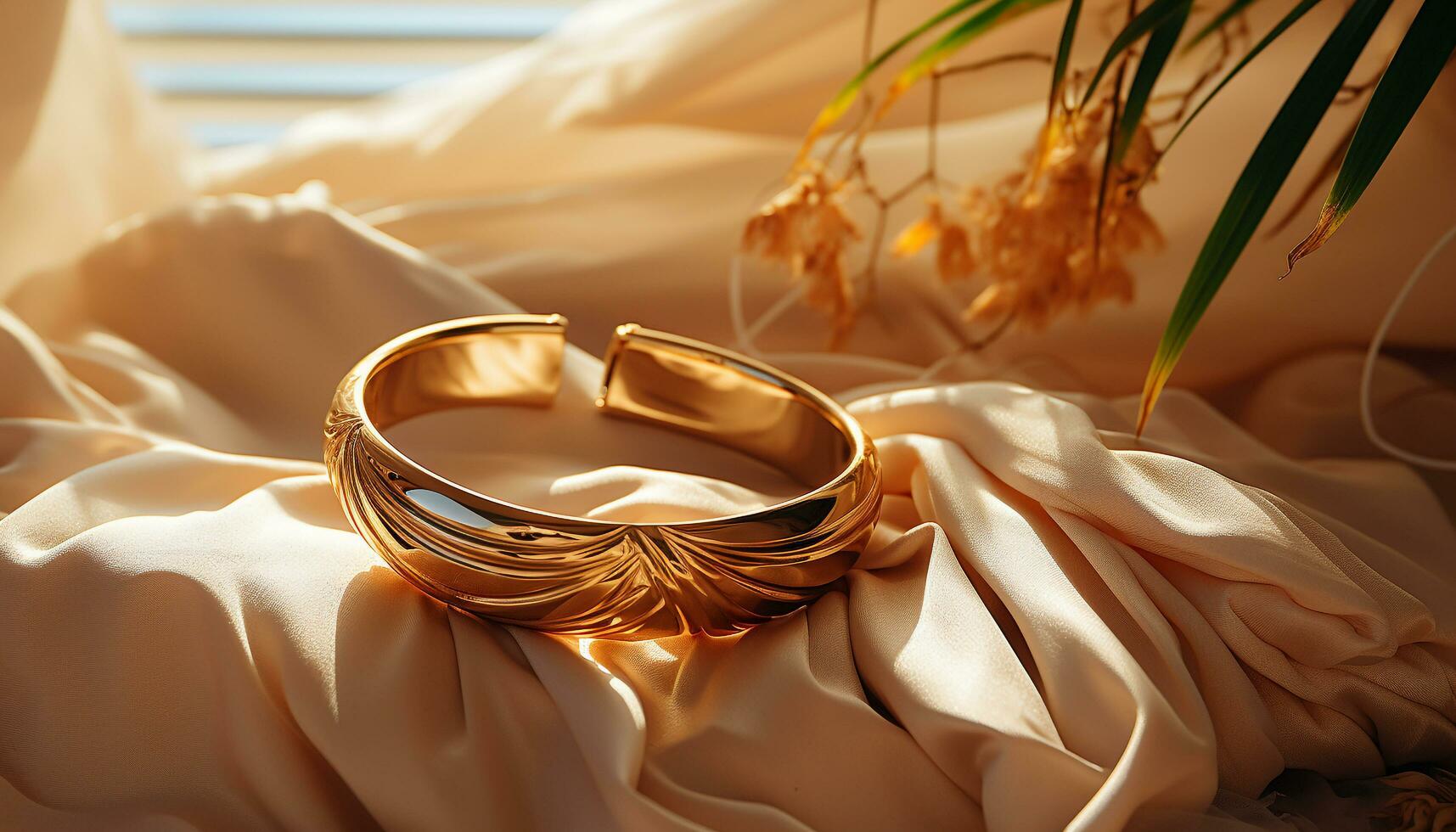 AI generated Luxury wedding ring shines on golden silk pillow generated by AI photo