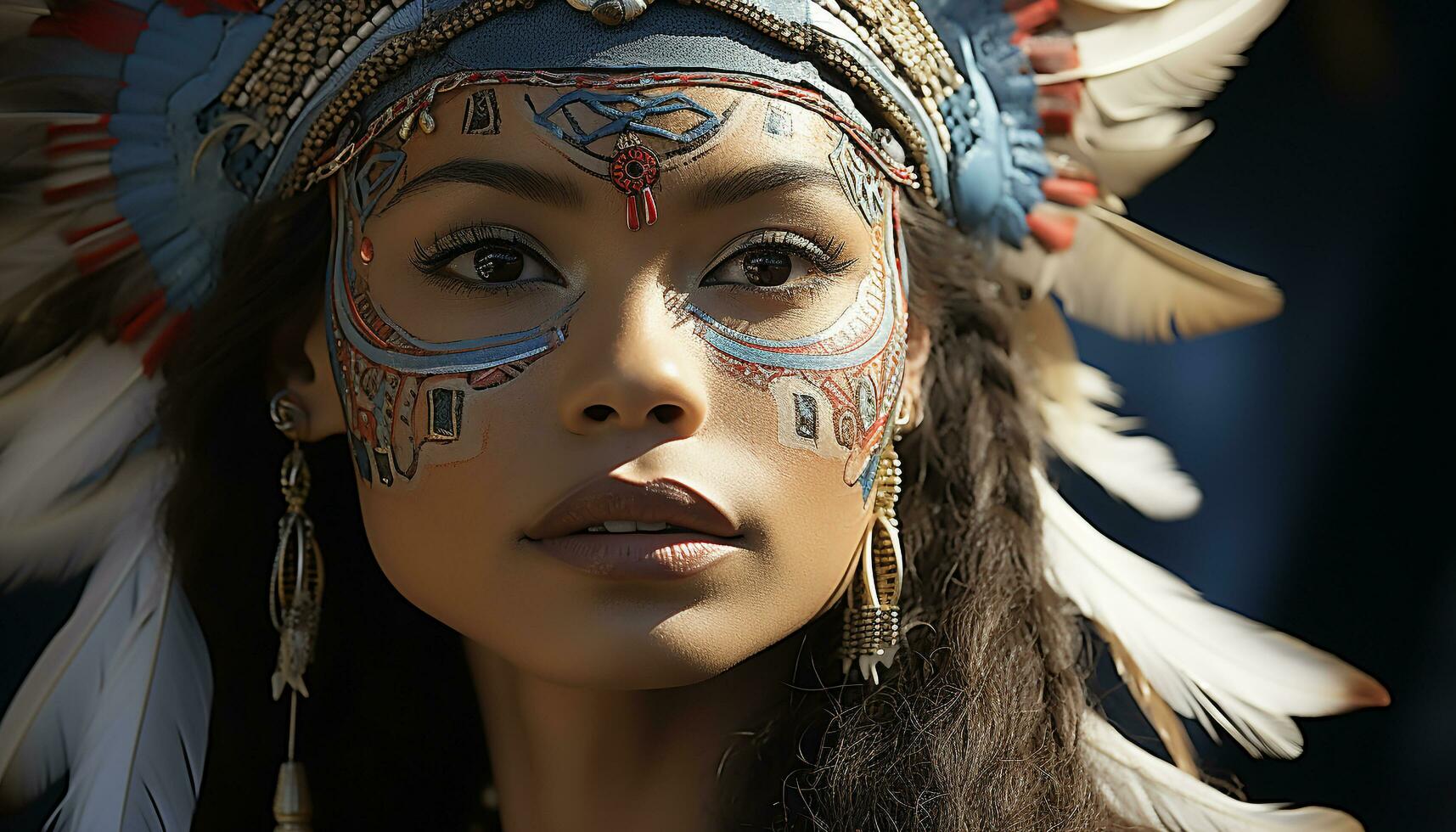 AI generated One beautiful woman, indigenous culture, feather, smiling, looking at camera generated by AI photo