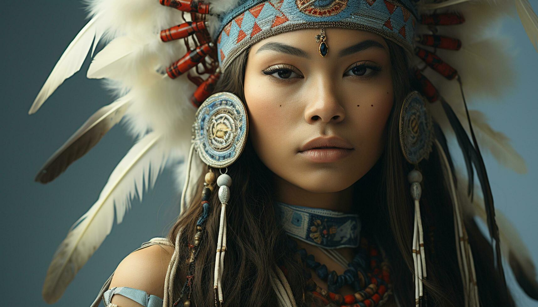 AI generated Young indigenous woman exudes elegance and beauty in traditional clothing generated by AI photo