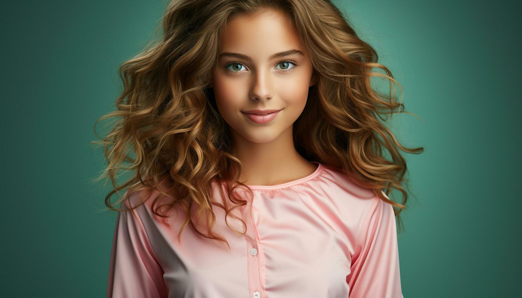 AI generated Beautiful young woman with long blond curly hair smiling at camera generated by AI photo