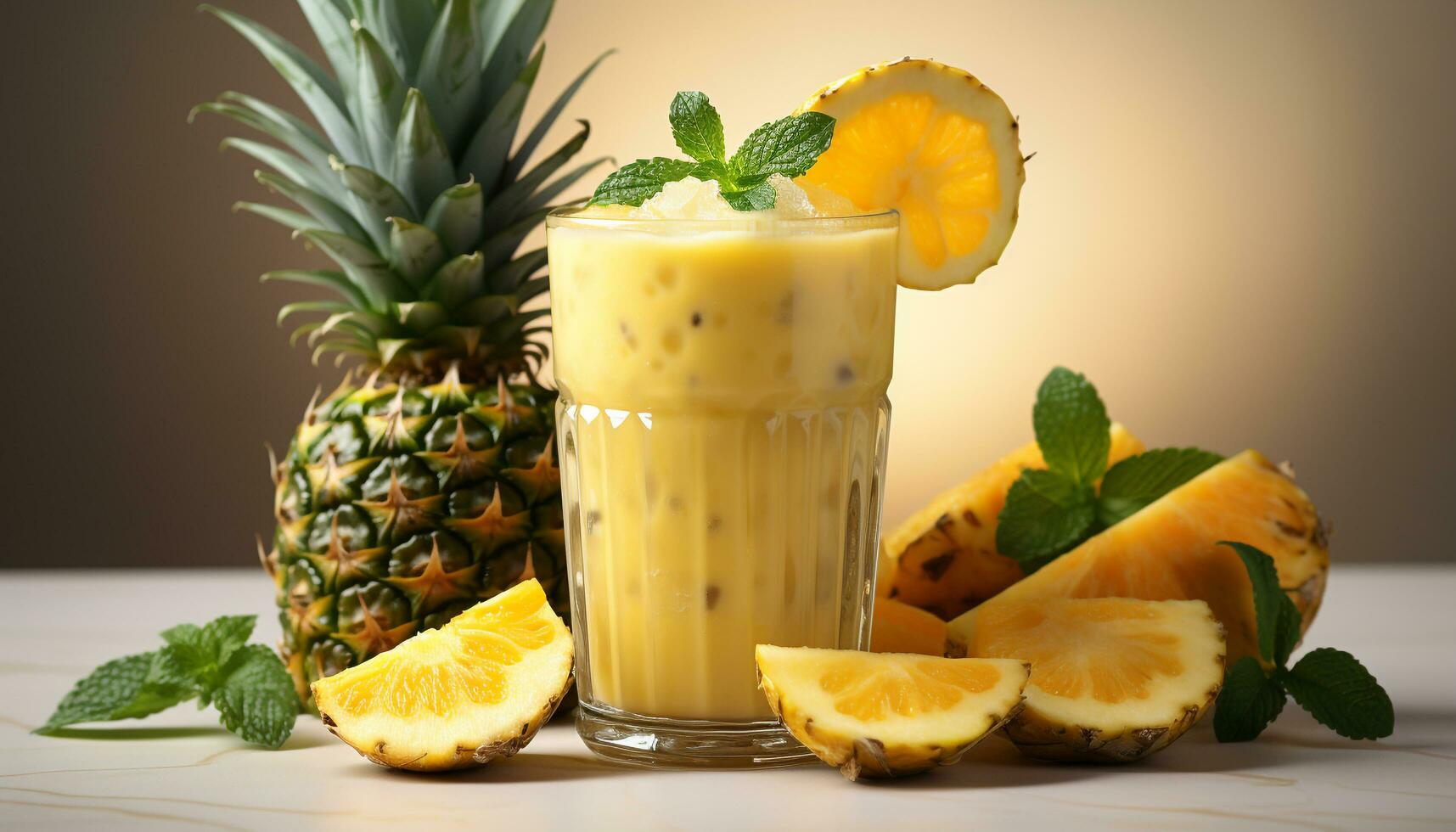 AI generated Fresh pineapple cocktail with mint leaf and citrus fruit slice generated by AI photo