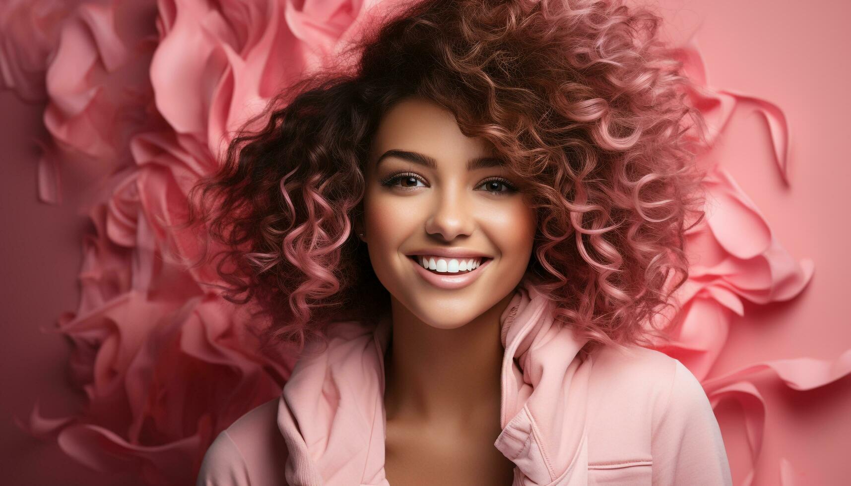 AI generated Smiling woman with curly hair, young adult, beauty, happiness generated by AI photo