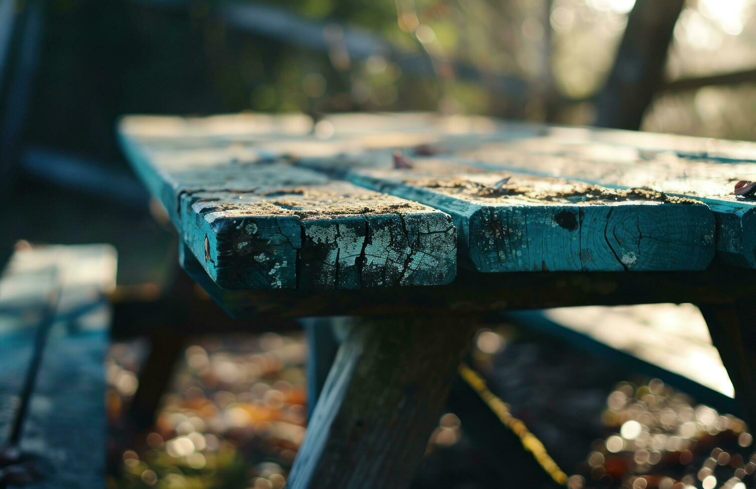 AI generated an old picnic table is set outside photo