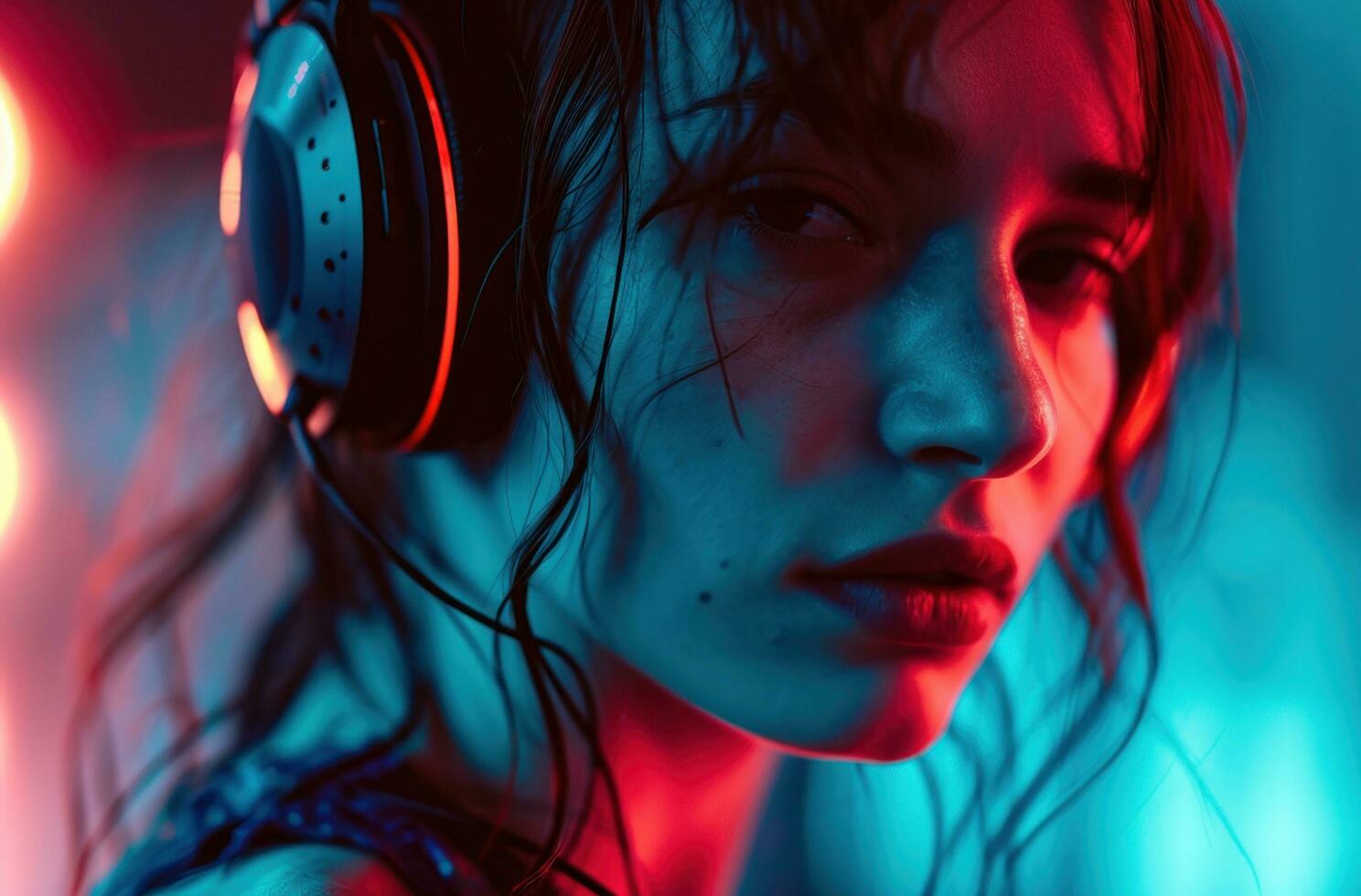 AI generated attractive young woman wearing headphones that glow neon red photo