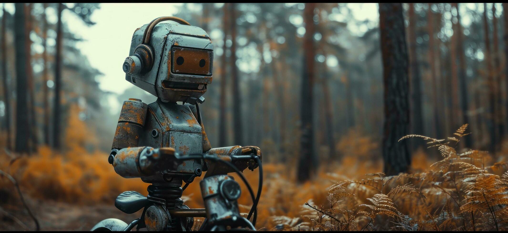 AI generated an old robot on a bicycle in the forest photo
