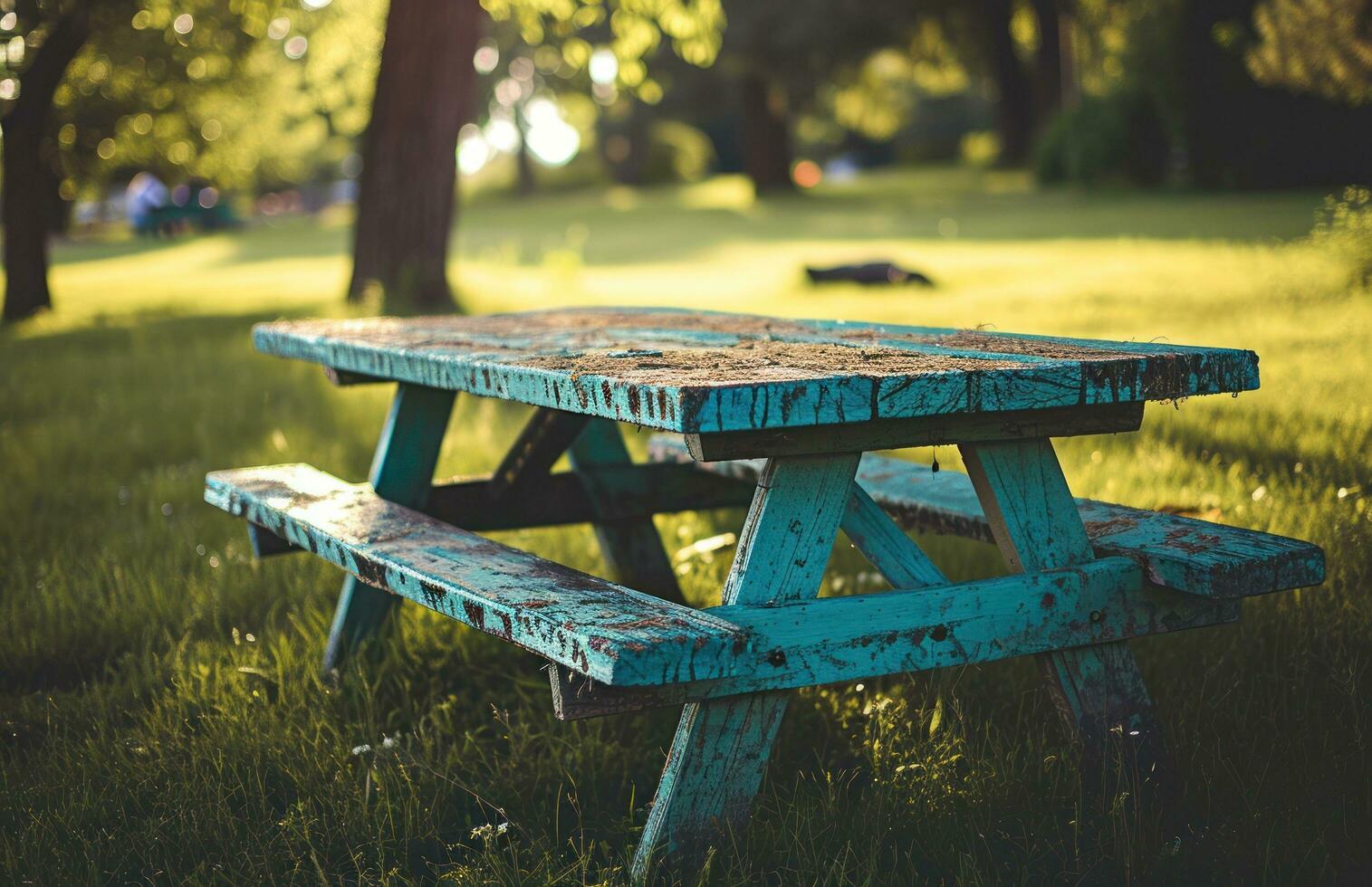 AI generated antique picnic table on the grass photo