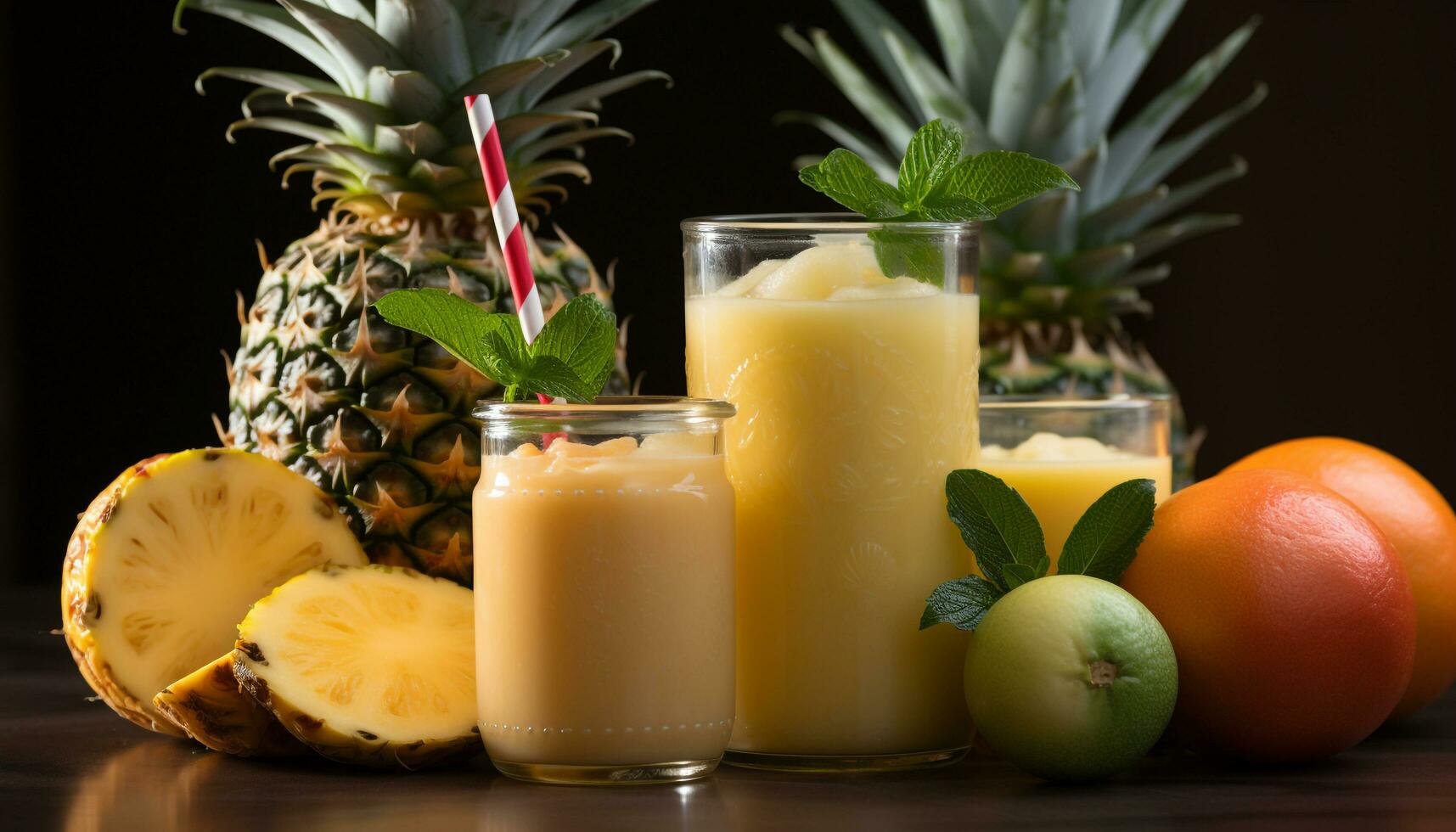 AI generated Fresh pineapple slice on a wooden table, a tropical delight generated by AI photo