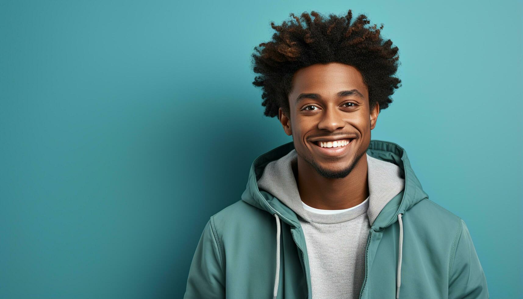 AI generated Smiling young man with curly hair exudes confidence and happiness generated by AI photo