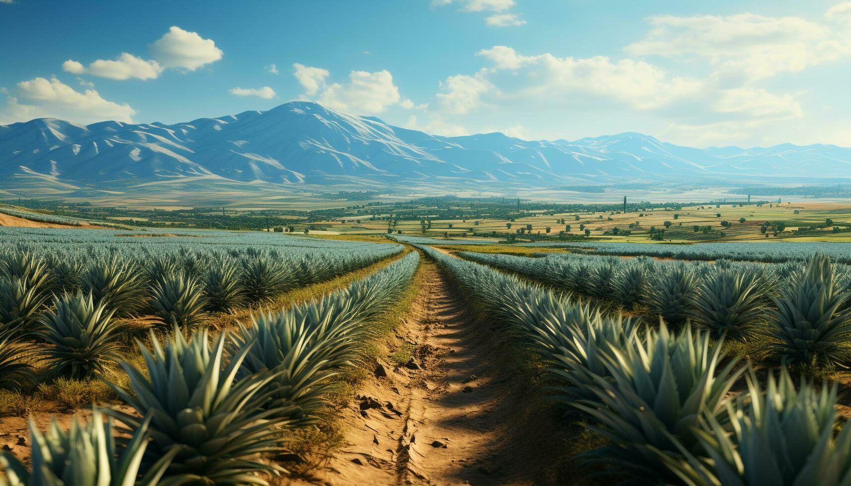 AI generated Idyllic rural scene green meadow, blue sky, and majestic mountains generated by AI photo
