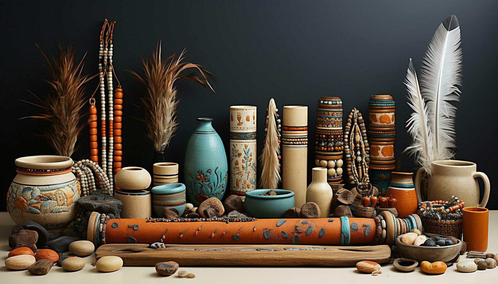 AI generated Indigenous cultures' pottery collection showcases nature creativity and variation generated by AI photo