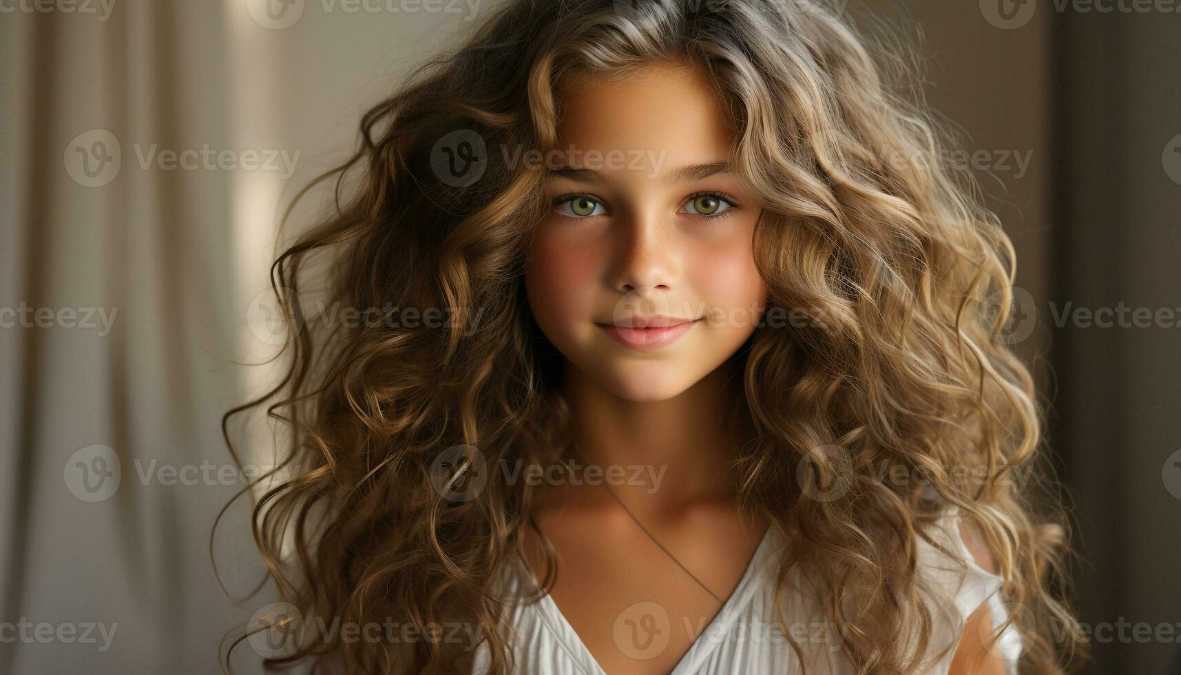 AI generated Beautiful woman with long curly hair smiling at the camera generated by AI photo