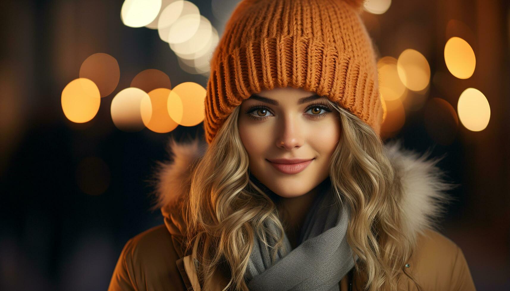 AI generated Young woman in winter fashion, smiling, looking at camera outdoors generated by AI photo